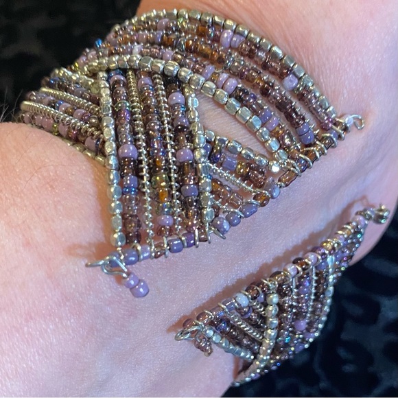 Beaded cuff bracelet lilac/bronze/pewter glass seed beads, 1 1/2”wide,2” across - Picture 2 of 5
